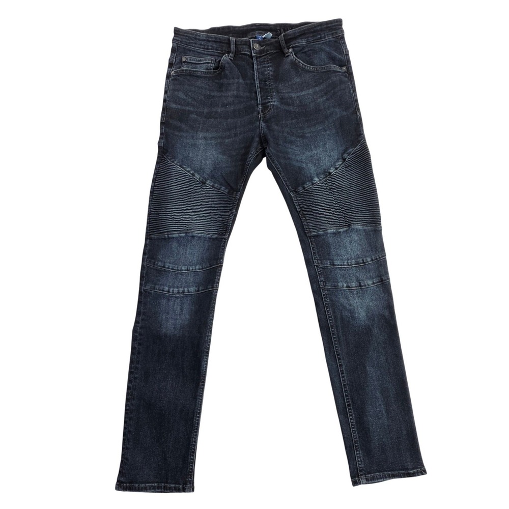 H&M Divided Mens Moto Skinny Jeans 34x34 Dark Wash Blue Biker 3D Stretch Biker